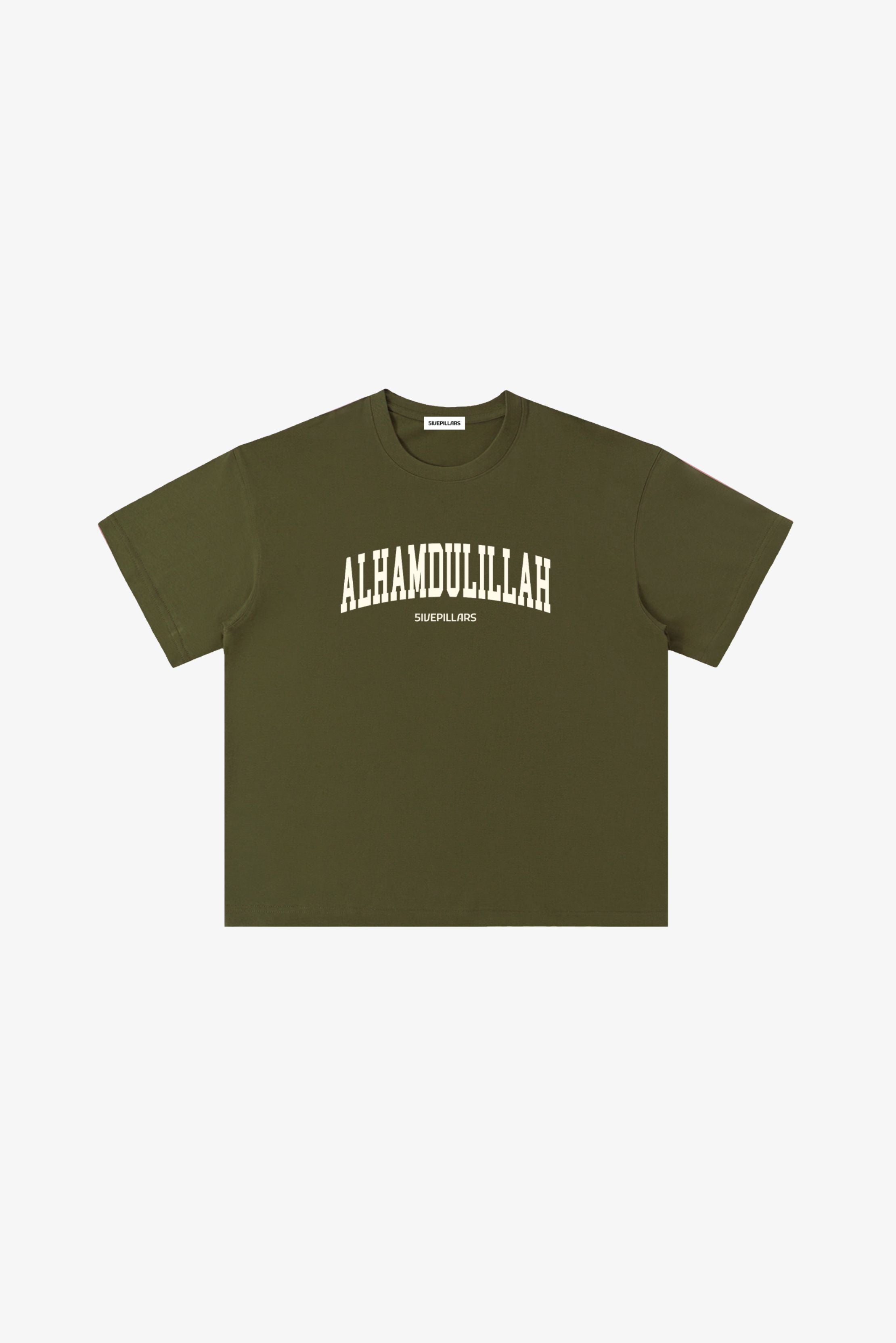 Alhamdulillah heavyweight cotton tee by 5ivepillars in Black, Army Green, and Brown