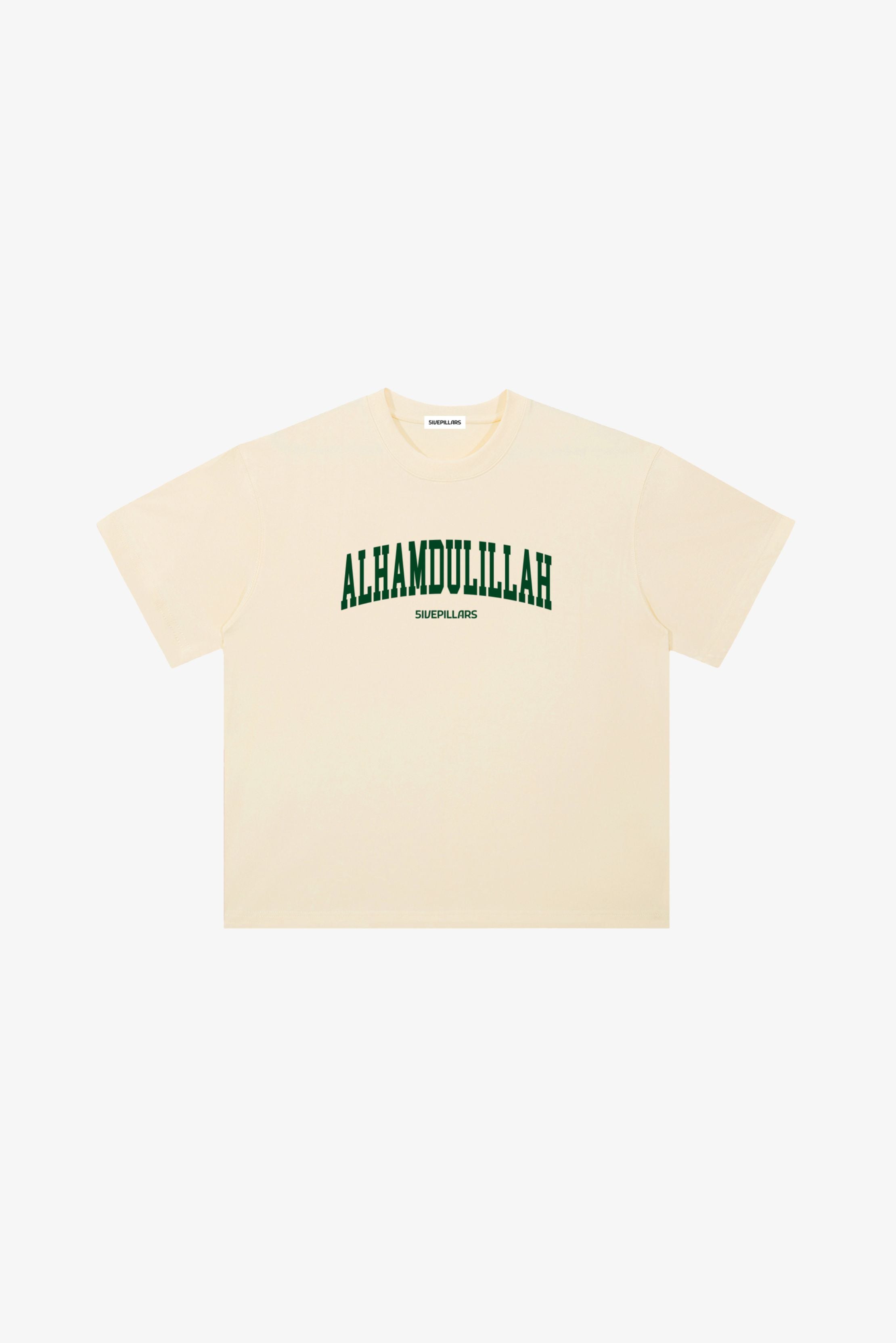 Alhamdulillah Tee Cream edition with green graphic, heavyweight cotton tee by 5ivepillars